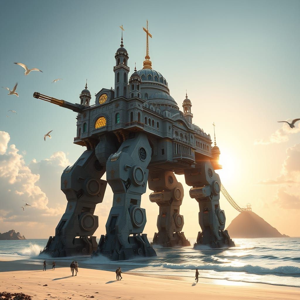 Cathedral Mech Rising from Archipelago in Baroque Style