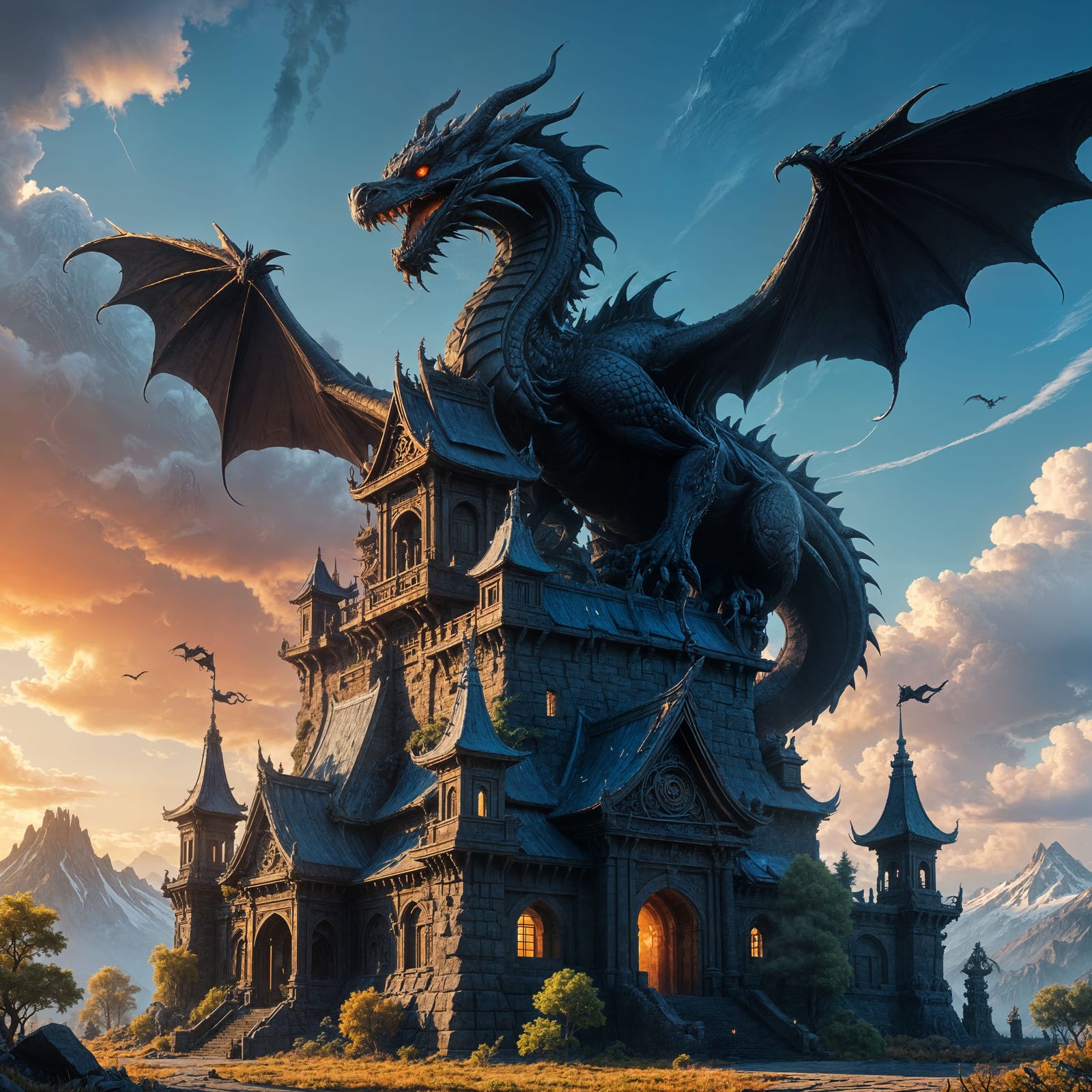 Majestic Black Dragon Above Ancient Temple in Vibrant Blue S...