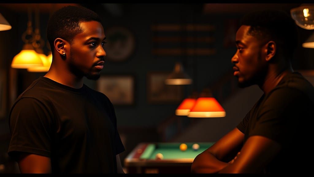 African American Male in Dimly Lit Pool Hall, Captured in Ci...
