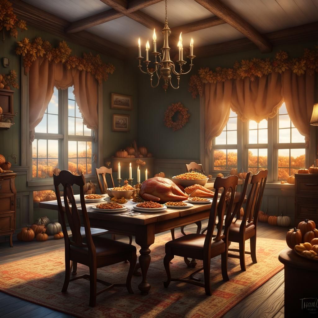 Thanksgiving Feast: Detailed Matte Painting in Deep Color
