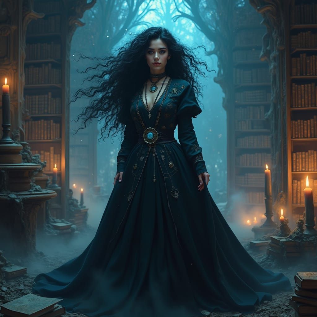 Enchanting Sorceress in Grand Library, Digital Art