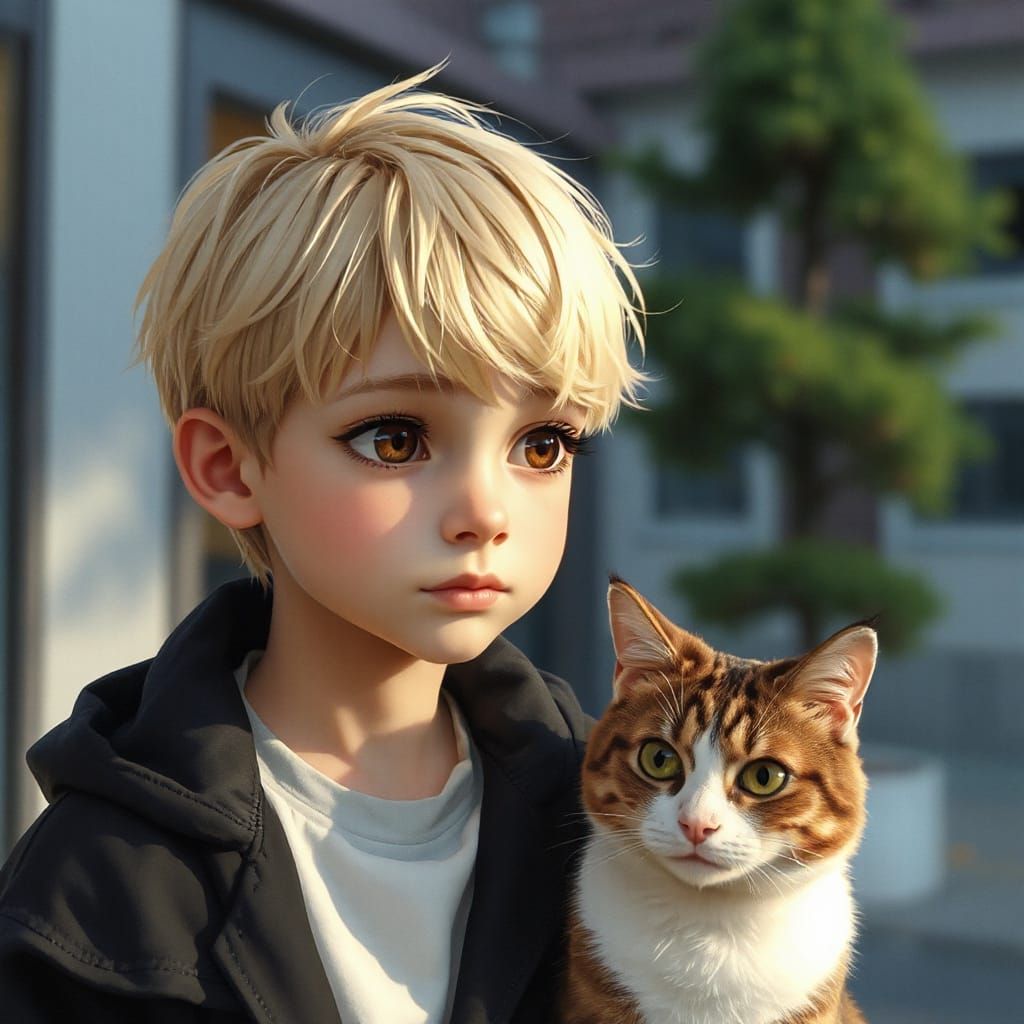Boy with Cat in Photorealistic Style