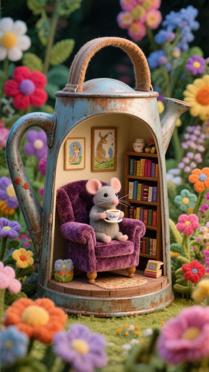 Felt Mouse Enjoys Tea Inside Giant Watering Can