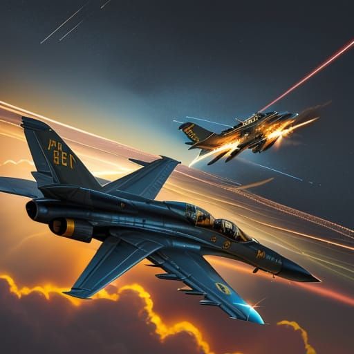 Gold Jet in Action-Packed Dogfight, Digital Painting