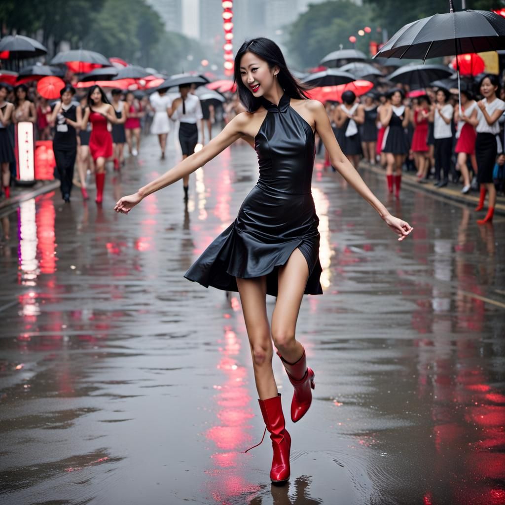 Supermodel in Motion on Wet City Street