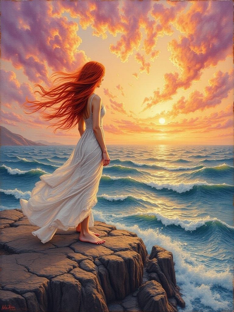 Woman on Cliff Overlooking Ocean at Sunset