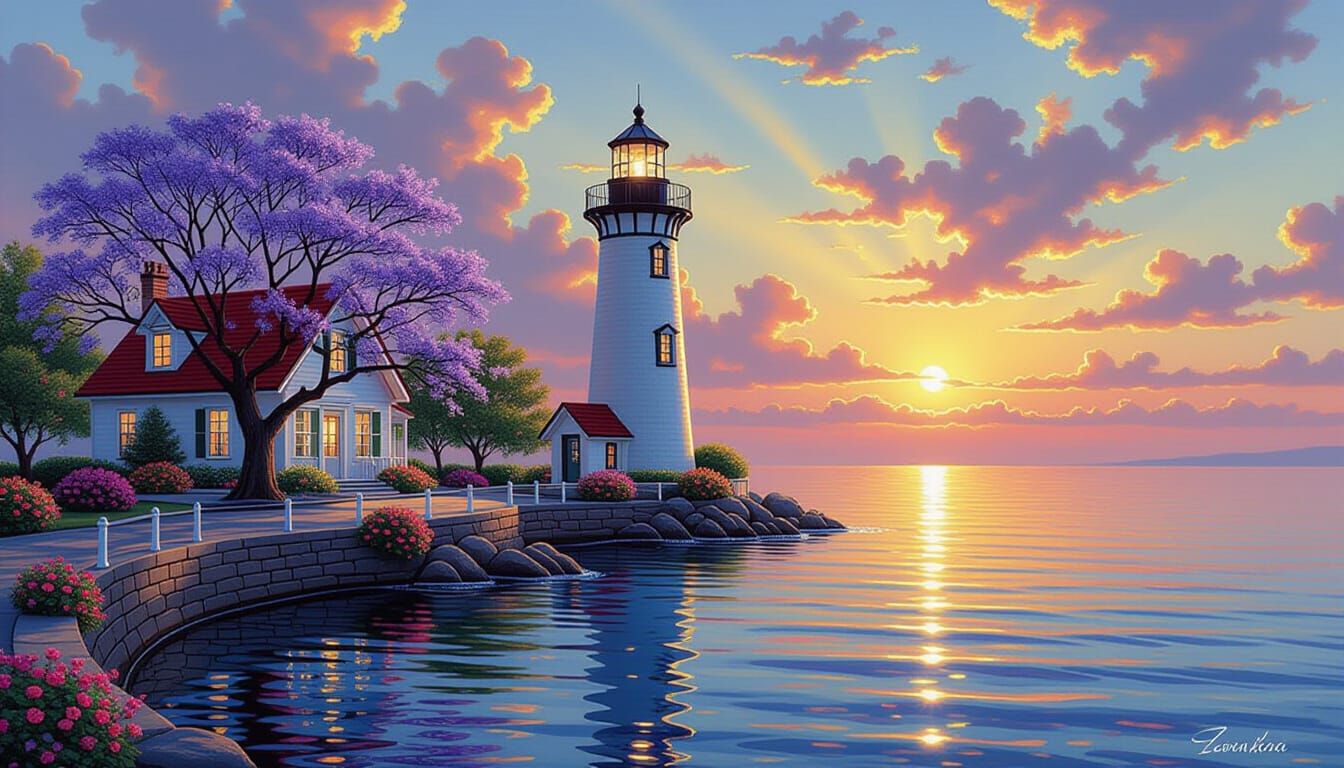Bioluminescent Lighthouse in Jacaranda Hues