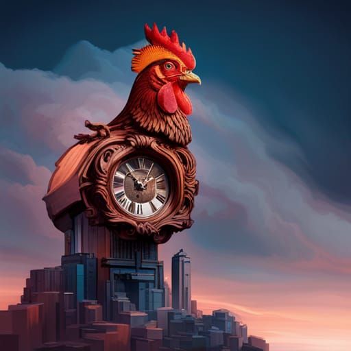 Photorealistic Rooster Crows in Brutalist Clock