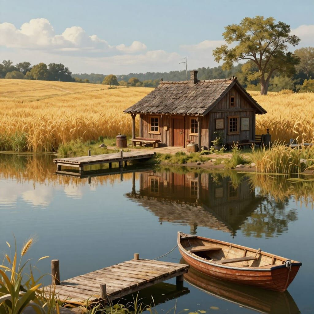 Rustic Cabin and Pub in Golden Wheat Field