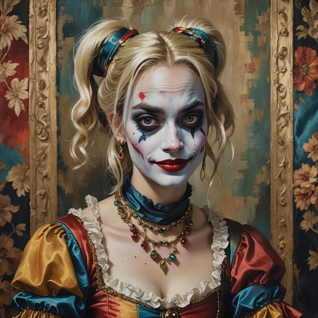 Baroque Oil Portrait: Harley Quinn with Sad Smile
