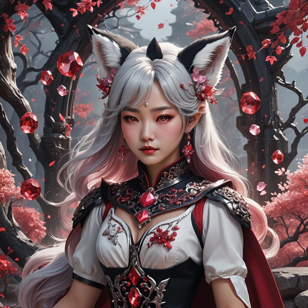Korean Lady with Fox Ears and Crystals: Digital Art