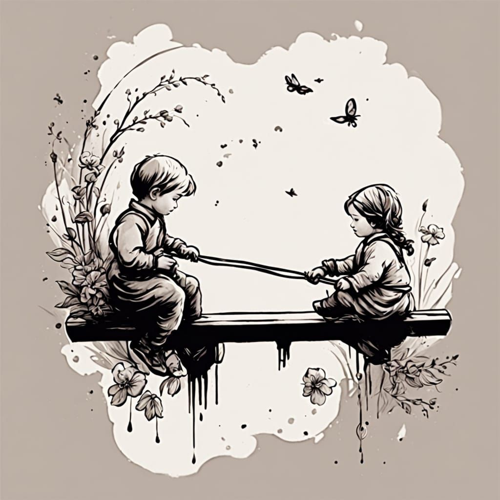 Ethereal Watercolor Painting of Siblings on Seesaw