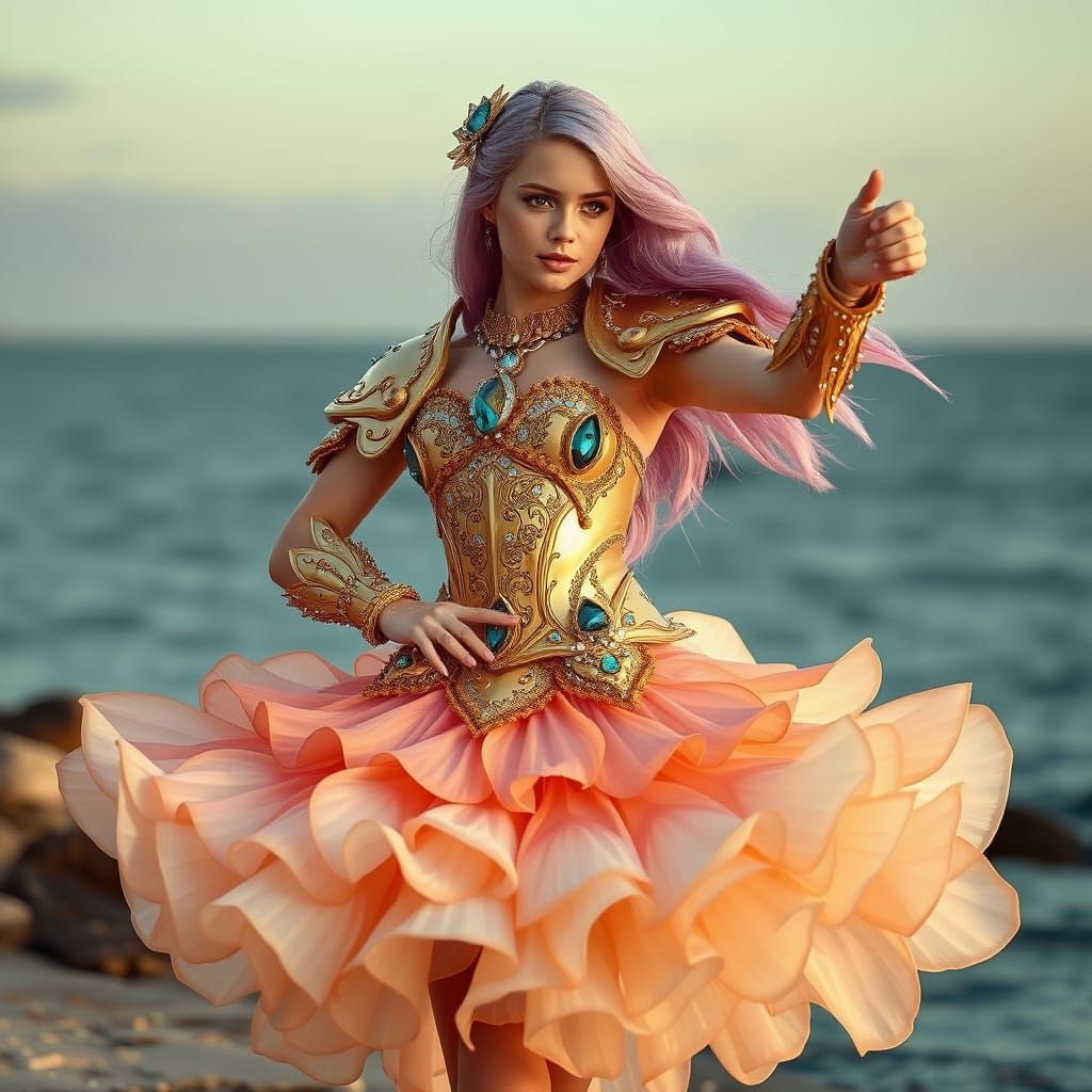 Fantasy Woman Dancing on Seashore in Pastel Hues