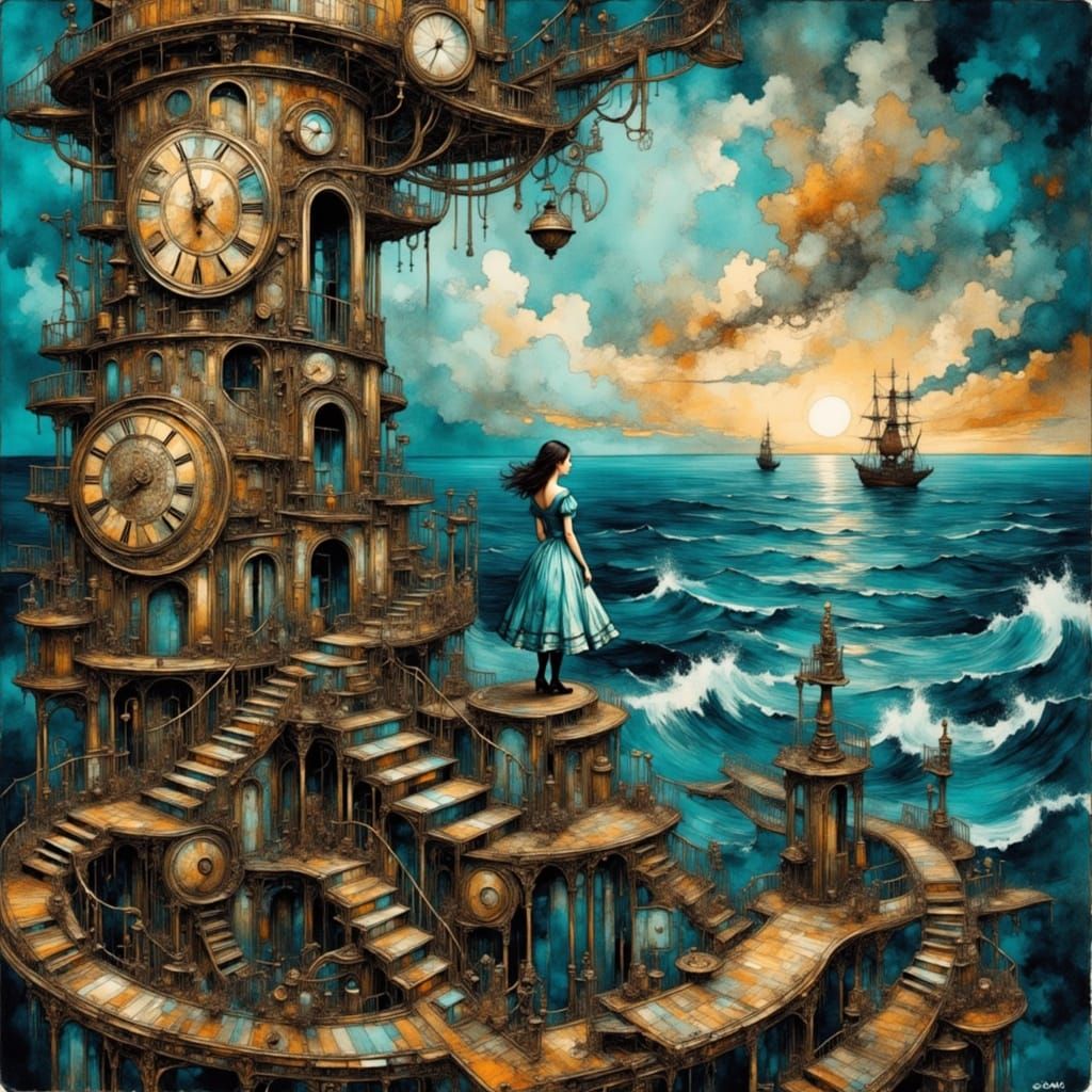 Victorian Alice on Clockwork Tower Overlooking Gear Ocean