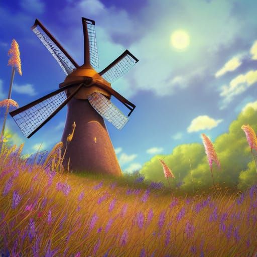 Ghibli Style Windmill in Flower Meadow