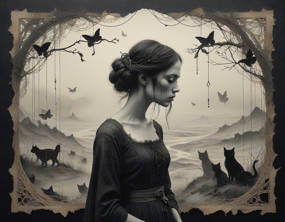 Ethereal Gothic Dreamscape with Staring Cats and Girls in Ch...