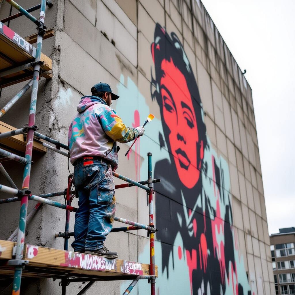 Brutalist Building Mural in Street Art Style