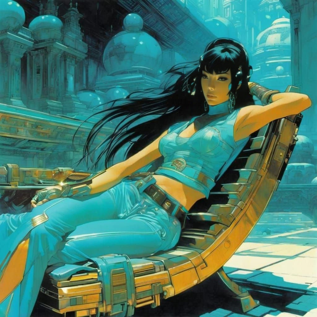 Mystic Turquoise Scene with Figure on Bench