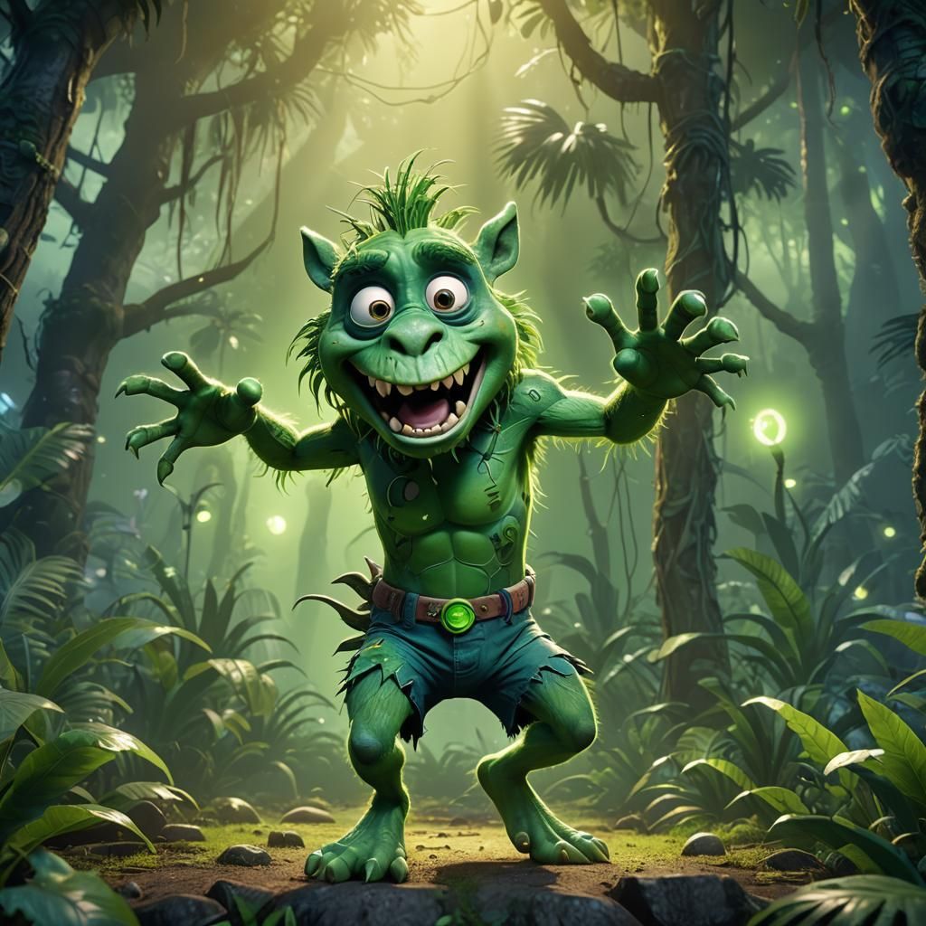 Funny Zombie Predator Dancing in Jungle, Pixar Style