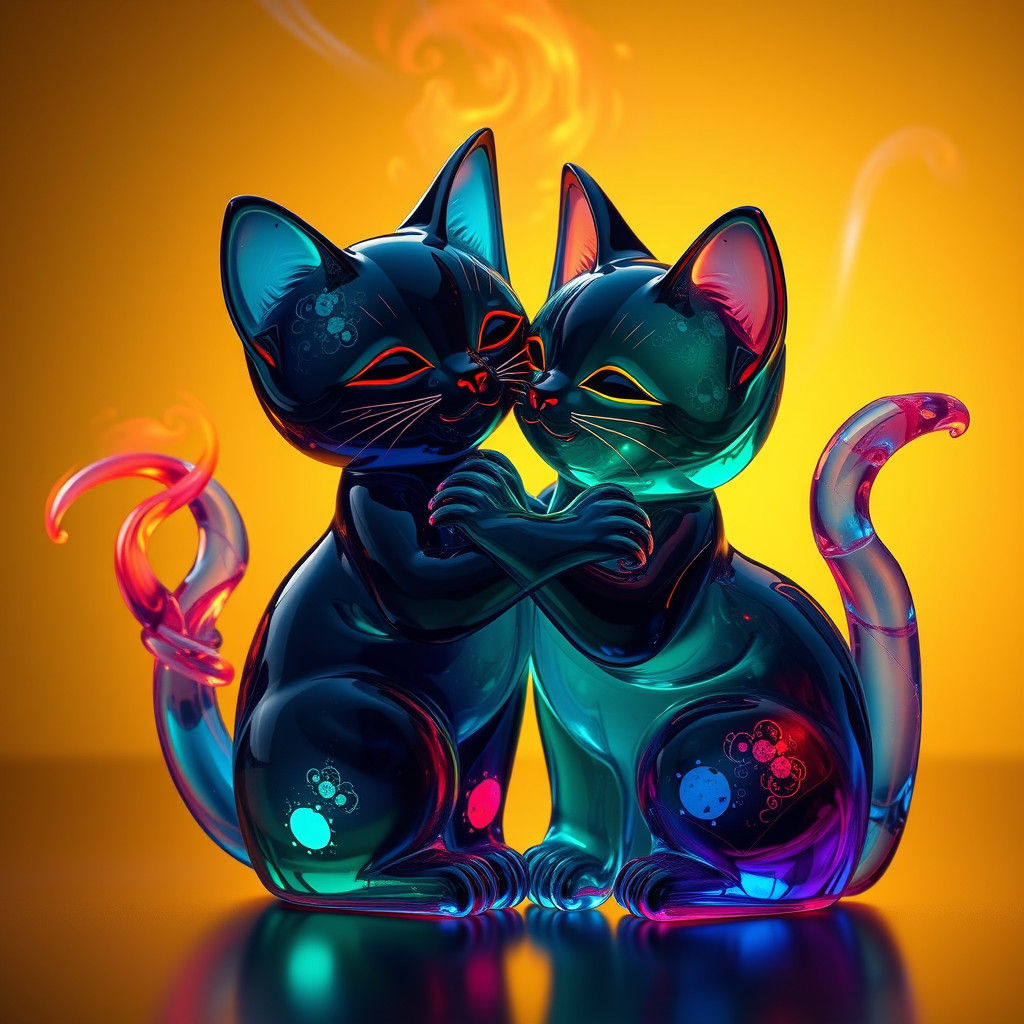 Bioluminescent Glass Cats in Fiery Embrace
