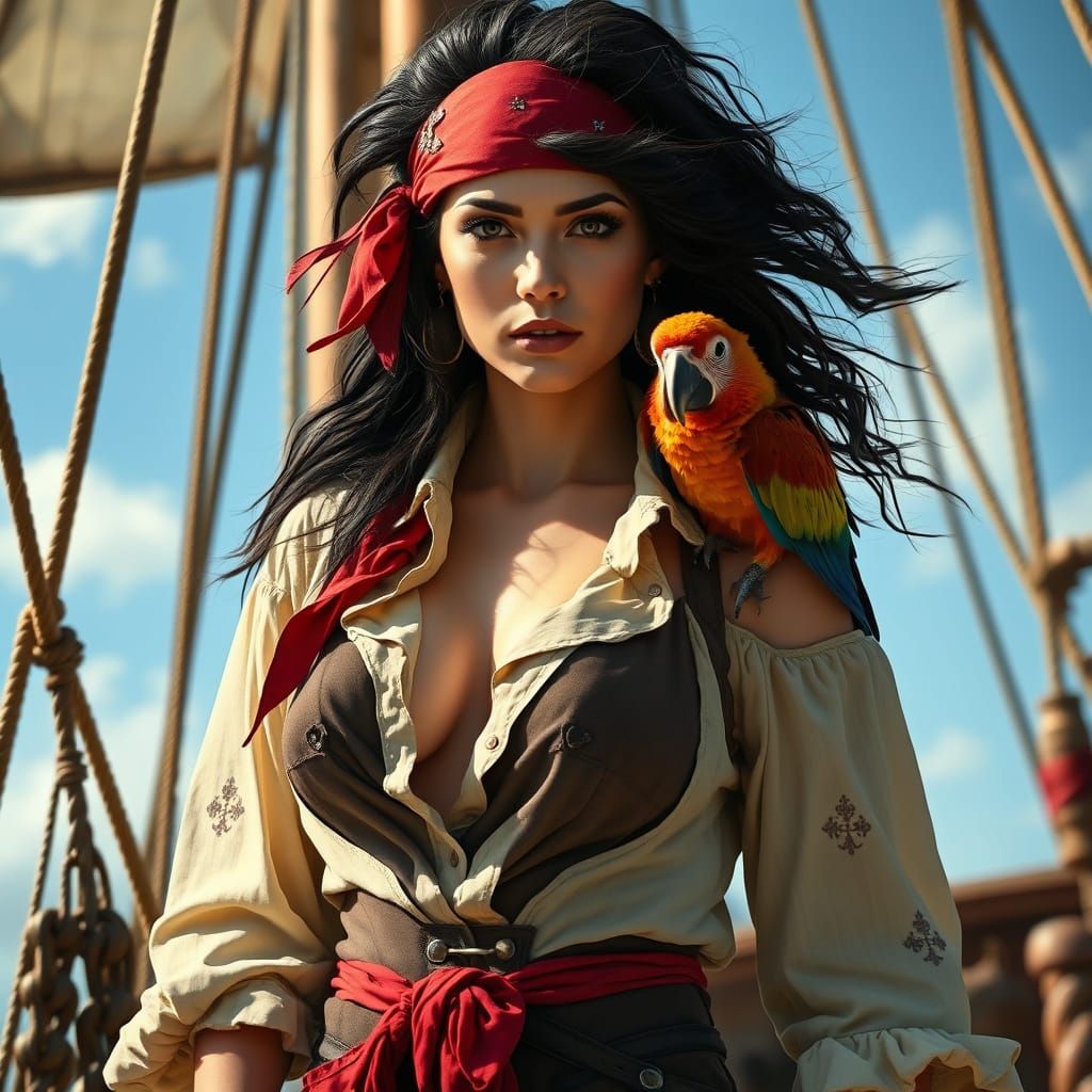Pirate Woman with Parrot on Vintage Ship