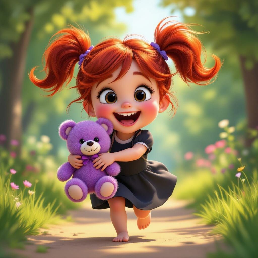Joyful Girl with Purple Teddy Bear in Pixar Style