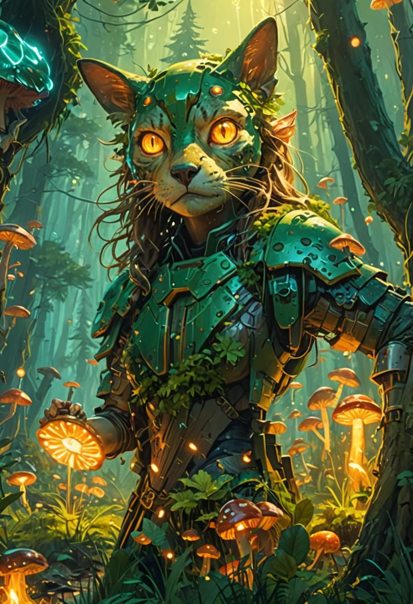 Heroic Warrior Woman in Bioluminescent Forest