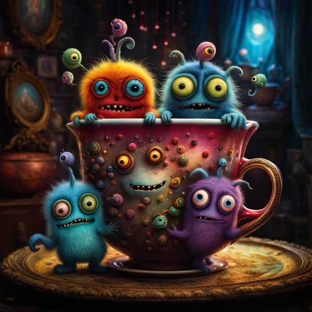 Cute Monsters in Teacup: Whimsical Illustration