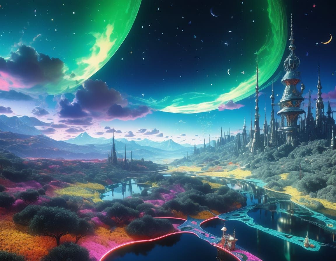 3D above view beautiful solarpunk aetherpunk idyllic utopian world with vast lush undulating landscape filled with thous...