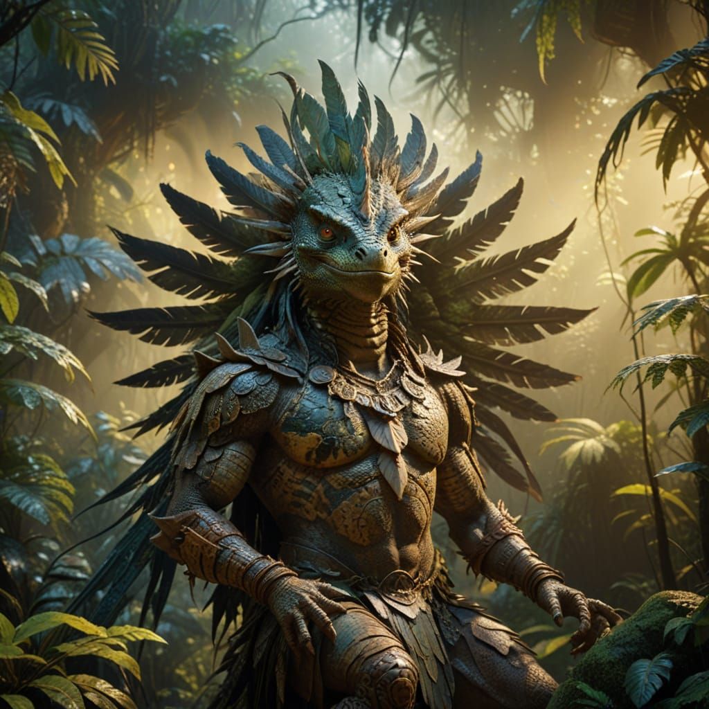 Anthropomorphic Lizard Warrior in Jungle, Tribal Fantasy Art