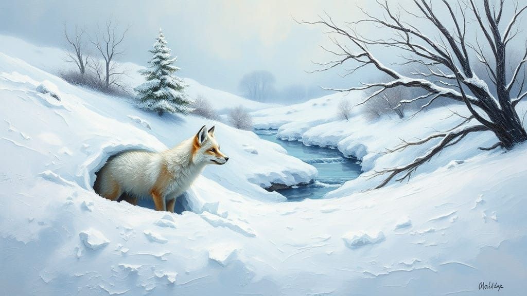 Expressive Oil Painting of White Fox in Winter Wonderland