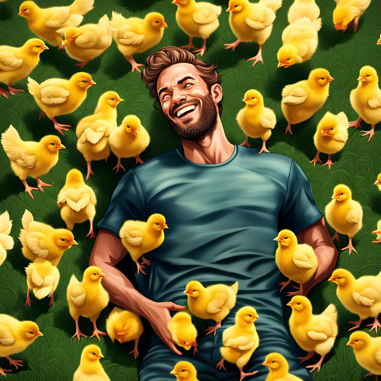 Man Covered in Chicks: Ecstatic Happiness in Digital Art