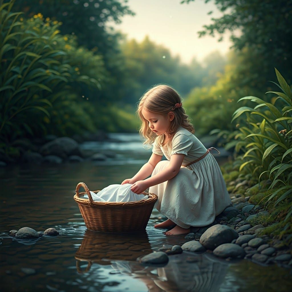 Young Girl Washes Clothes in a Dreamy River Landscape, in th...