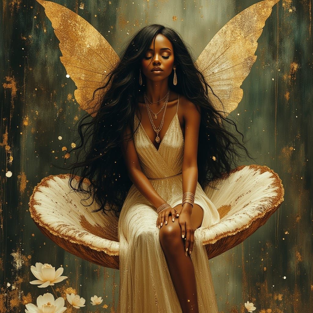 Black Fairy Goddess on Mushroom in Enchanted Forest