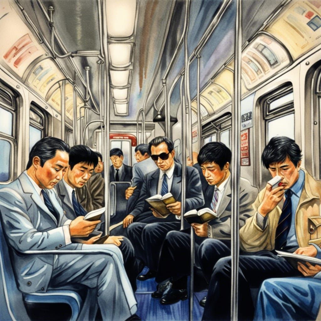 Detective on 1980s Japanese Metro Train in Watercolor