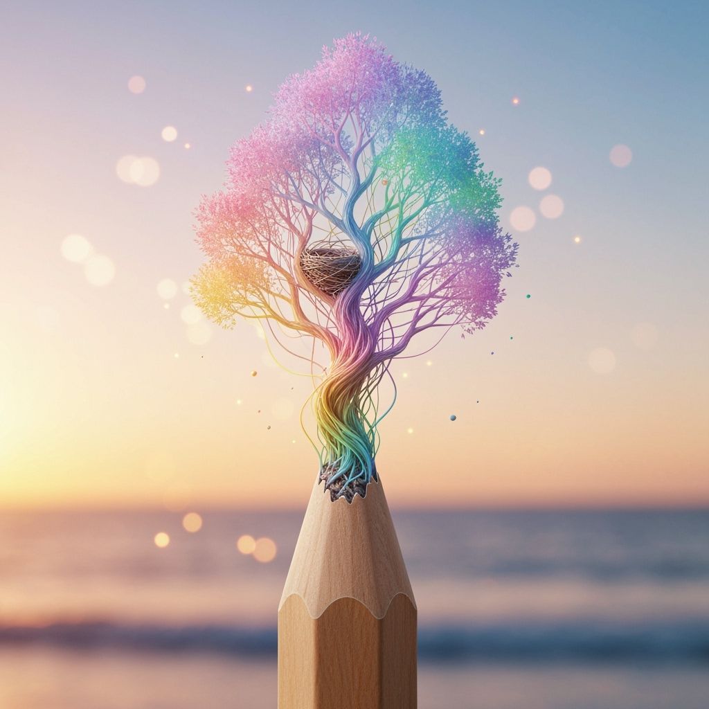 Pencil Becomes Rainbow Tree with Dreamlike Atmosphere