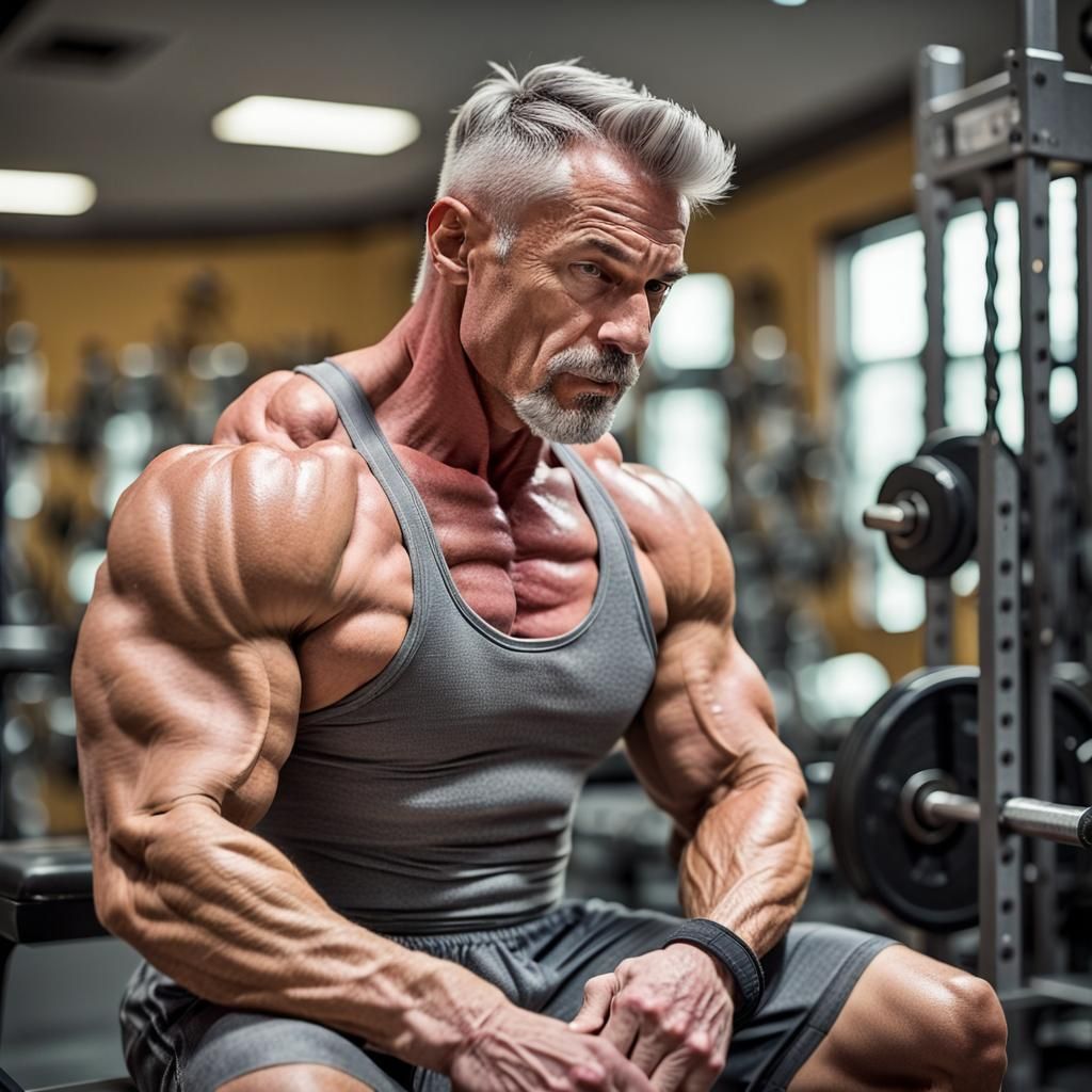 Ripped Bodybuilder in Gym, Photorealistic Analog Style
