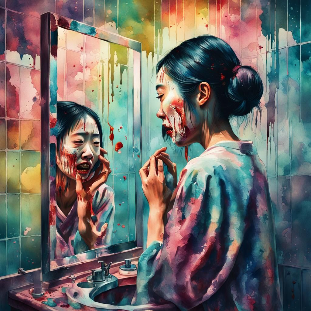 Macabre Asian Glitch Art: Woman and Broken Mirror