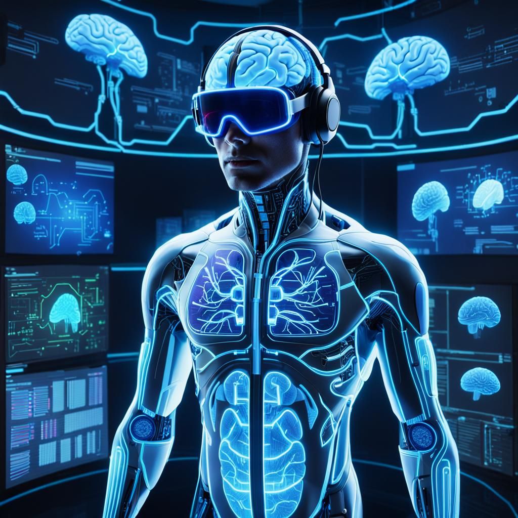 Cybernetic Connection: Figure Linked to Floating Brain