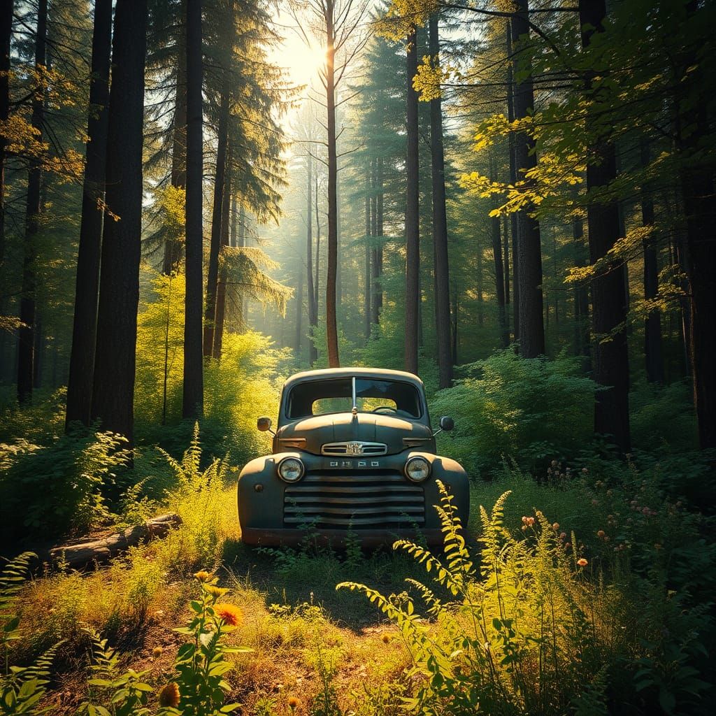 Vintage Car in Sun-Drenched Forest Clearing
