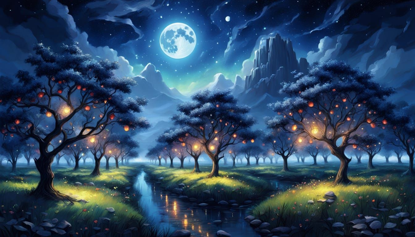 Luminous Orchard Under Starry Night Sky