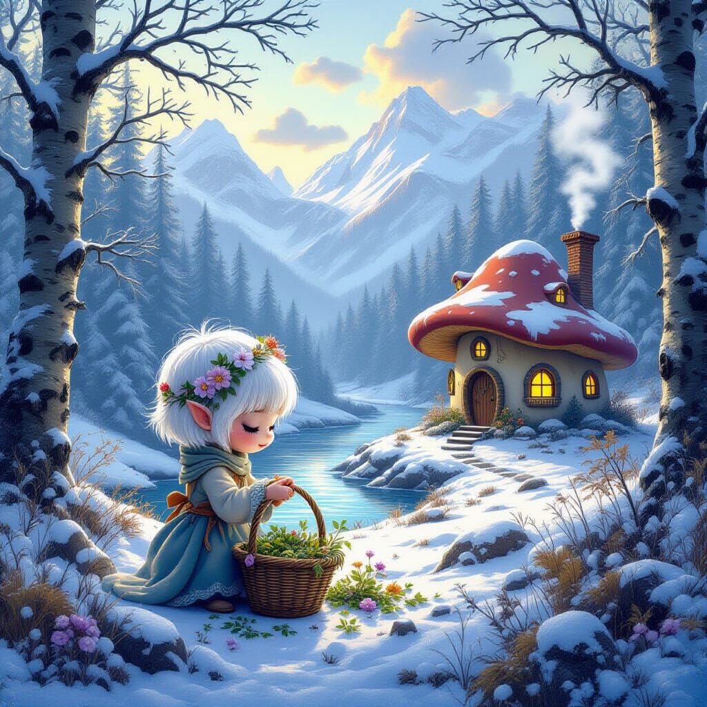 Горска зимна поляна  в далечината планини и река, отпред  ма...