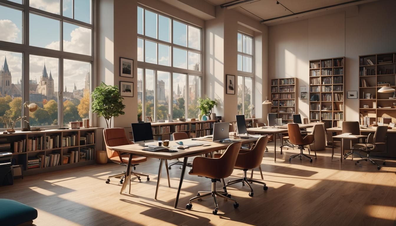 Brightly Lit Study with Modern Desks in 3D Rendered Style