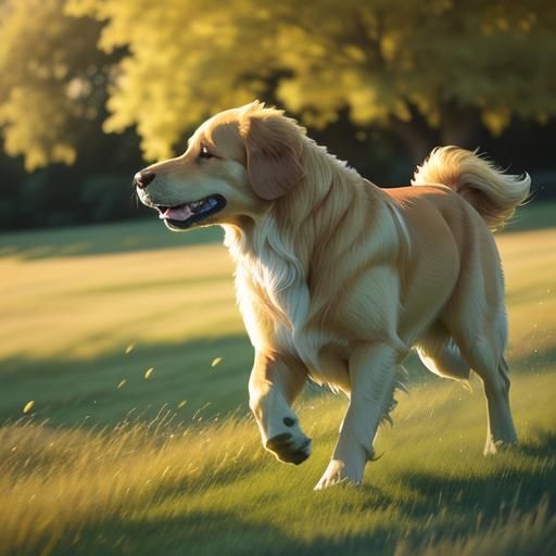 Golden Retriever Runs in Sunlit Meadow