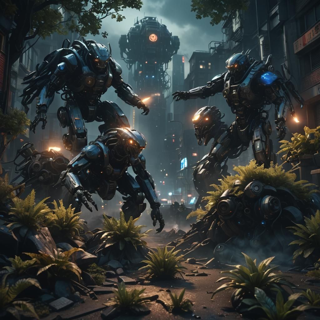 Mechanical Creature Emerges in Sci-Fi Cityscape