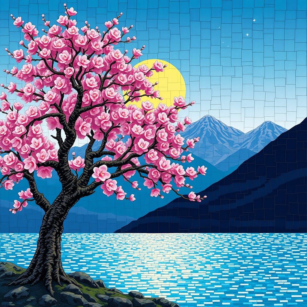 Serene Landscape in Mosaic Style with Cherry Blossom Tree