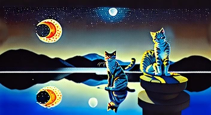 Cubist Cats Feast Under the Stars