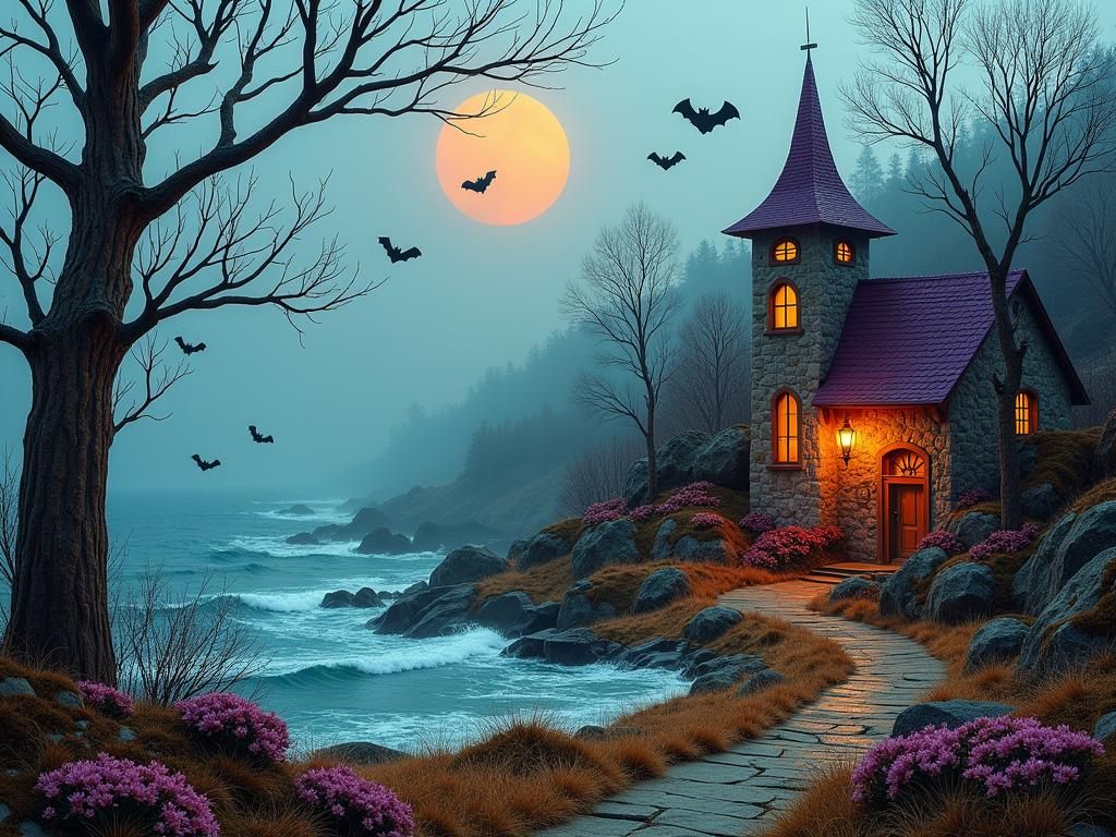 Eerie Coastal Village in Spooky Assemblage Style