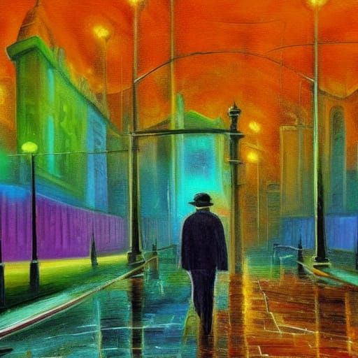 Surreal Cityscape: Man in Vibrant Oil Painting