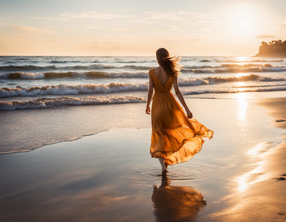 Warm Golden Light Filters Through a Woman's Dress as She Wal...